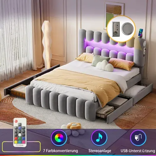 Lit Adulte 160x200 Cm En Tissu Velours Avec 4 Tiroirs De Rangement, LED+usb+enceinte, Gris