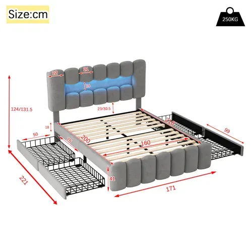 Lit Adulte 160x200 Cm En Tissu Velours Avec 4 Tiroirs De Rangement, LED+usb+enceinte, Gris