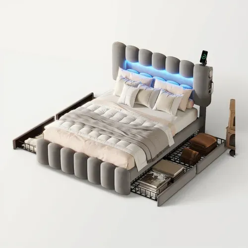 Lit Adulte 160x200 Cm En Tissu Velours Avec 4 Tiroirs De Rangement, LED+usb+enceinte, Gris