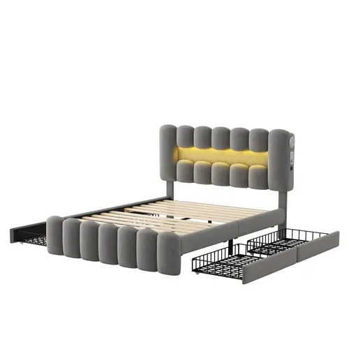 Lit Adulte 160x200 Cm En Tissu Velours Avec 4 Tiroirs De Rangement, LED+usb+enceinte, Gris