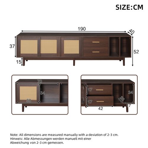 Meuble TV 190 Cm Marron Avec 2 Tiroirs De Rangement + 3 Portes, Mdf