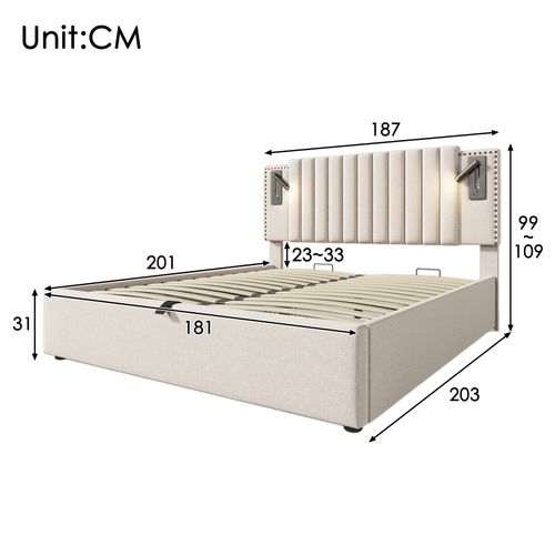 Lit Coffre Adulte 180x200cm Avec USB-c, Lampes De Lecture Et Sommier, Coton Beige