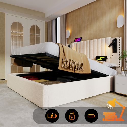 Lit Coffre Adulte 180x200cm Avec USB-c, Lampes De Lecture Et Sommier, Coton Beige