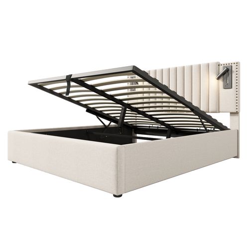 Lit Coffre Adulte 180x200cm Avec USB-c, Lampes De Lecture Et Sommier, Coton Beige