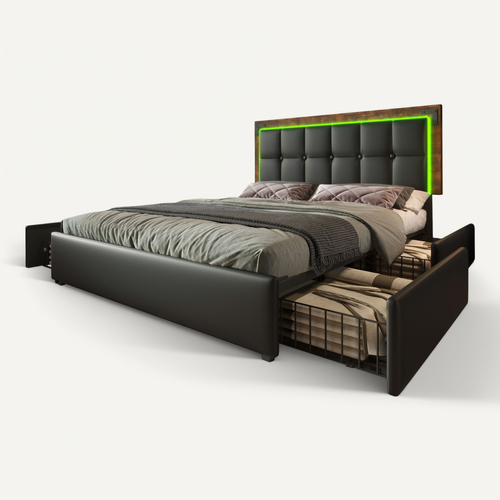 Lit Adulte Design Paris Prix Fontia - 160x200cm, Noir, Avec LED, Neuf Sous Emballage