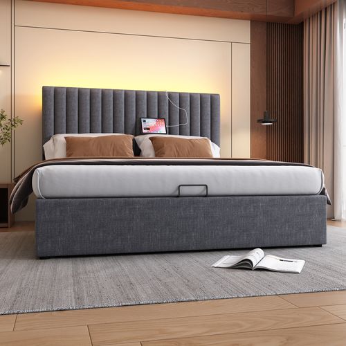 Lit Coffre Adulte 160x200cm Avec 6 Niches, Tête De Lit Réglable Et Sommier, Lin, Gris