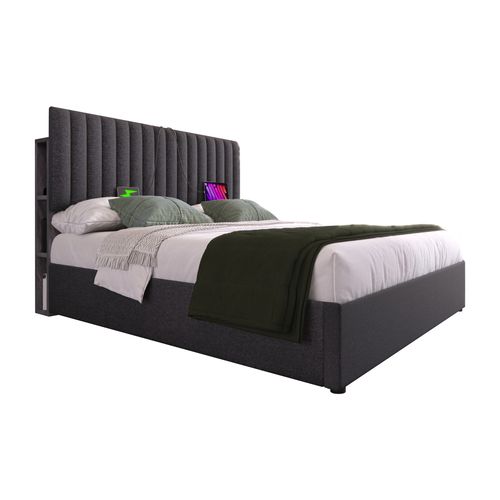 Lit Coffre Adulte 160x200cm Avec 6 Niches, Tête De Lit Réglable Et Sommier, Lin, Gris