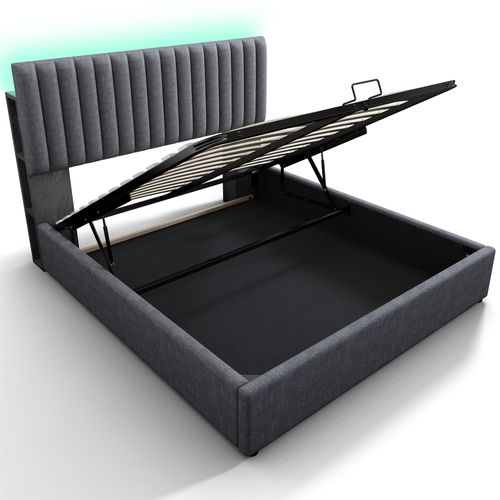 Lit Coffre Adulte 160x200cm Avec 6 Niches, Tête De Lit Réglable Et Sommier, Lin, Gris