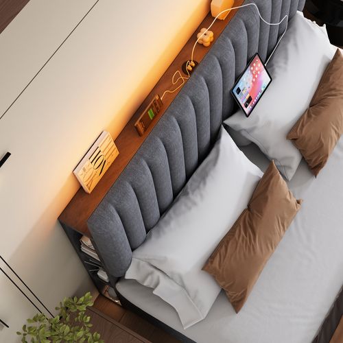 Lit Coffre Adulte 160x200cm Avec 6 Niches, Tête De Lit Réglable Et Sommier, Lin, Gris