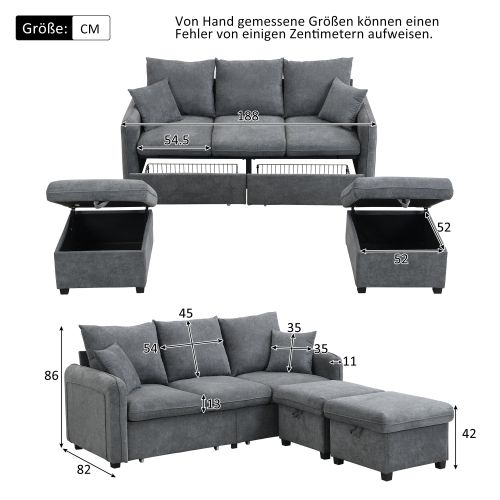 Canapé 3 Places, Canapé D'angle Droit En U Avec 2 Repose-pieds De Rangement, 2 Tiroirs, Gris