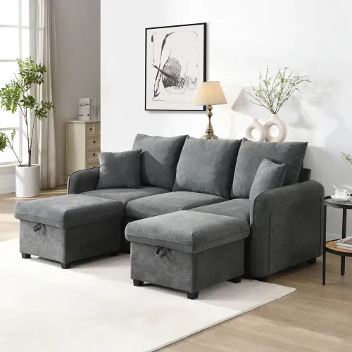 Canapé 3 Places, Canapé D'angle Droit En U Avec 2 Repose-pieds De Rangement, 2 Tiroirs, Gris