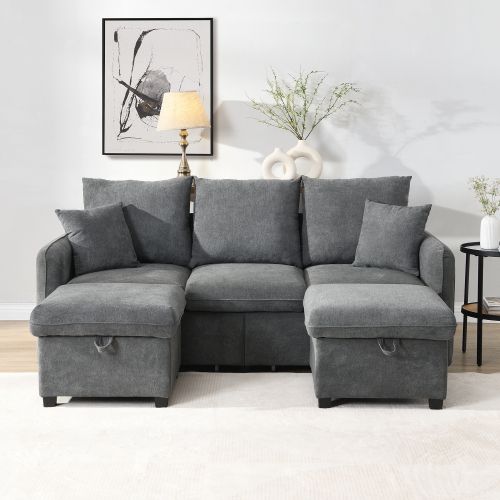 Canapé 3 Places, Canapé D'angle Droit En U Avec 2 Repose-pieds De Rangement, 2 Tiroirs, Gris