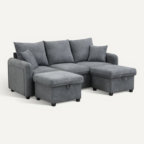 Canapé 3 Places, Canapé D'angle Droit En U Avec 2 Repose-pieds De Rangement, 2 Tiroirs, Gris
