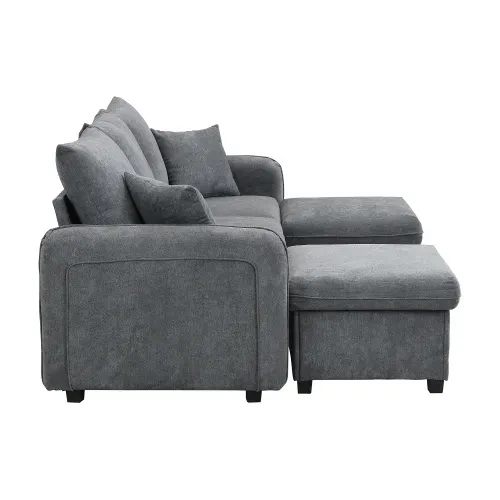 Canapé 3 Places, Canapé D'angle Droit En U Avec 2 Repose-pieds De Rangement, 2 Tiroirs, Gris