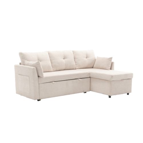 Canapé 3 Places, Canapé D'angle Convertible, Avec Sièges De Rangement, En Velours, Beige