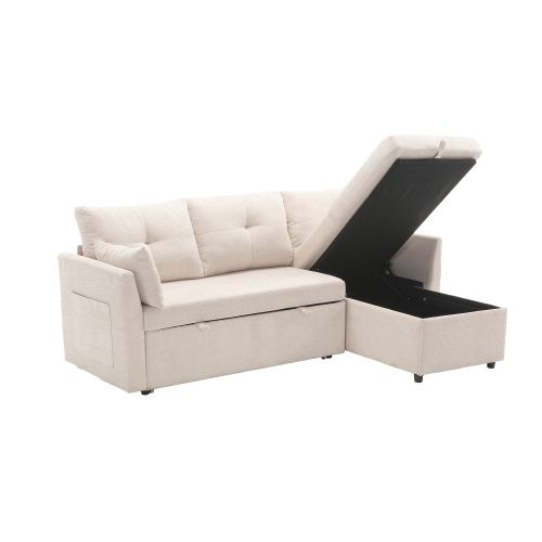Canapé 3 Places, Canapé D'angle Convertible, Avec Sièges De Rangement, En Velours, Beige