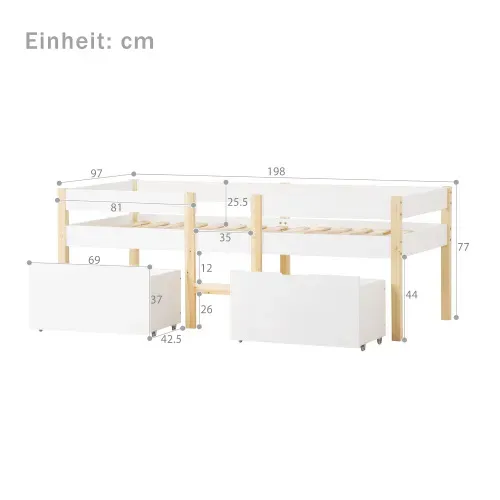 Lit Enfant 90x190 Cm, Lit Mi-hauteur Avec 2 Tiroirs, Bois De Pin, Blanc Et Chêne