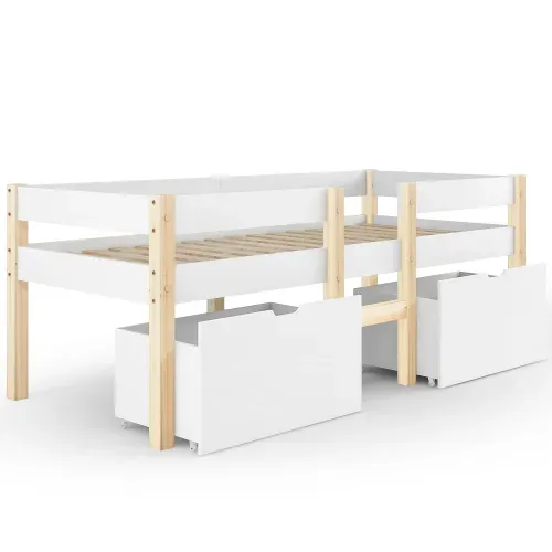 Lit Enfant 90x190 Cm, Lit Mi-hauteur Avec 2 Tiroirs, Bois De Pin, Blanc Et Chêne