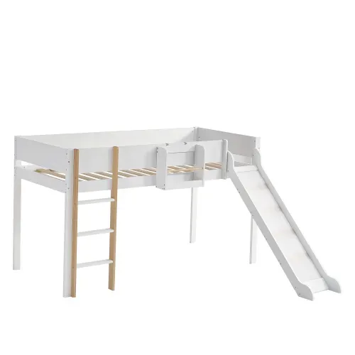 Lit Mezzanine 90x200 Cm, Lit Enfant Avec Échelle Droite, Avec Toboggan, Blanc Et Naturel