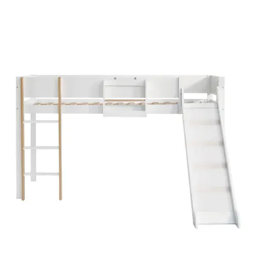 Lit Mezzanine 90x200 Cm, Lit Enfant Avec Échelle Droite, Avec Toboggan, Blanc Et Naturel