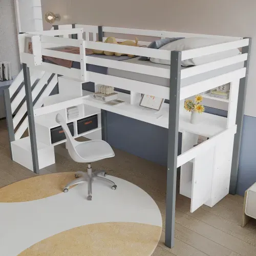 Lit Mezzanine 90x200 Cm, Lit Enfant Avec Bureau, Étagère Et Coffres En Tissu, Blanc Et Gris