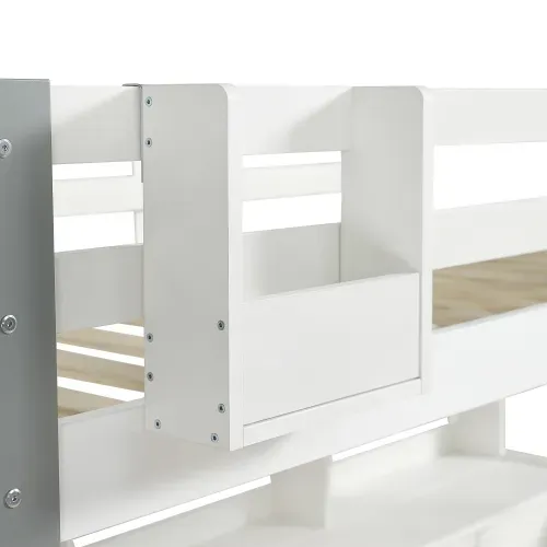 Lit Mezzanine 90x200 Cm, Lit Enfant Avec Bureau, Étagère Et Coffres En Tissu, Blanc Et Gris