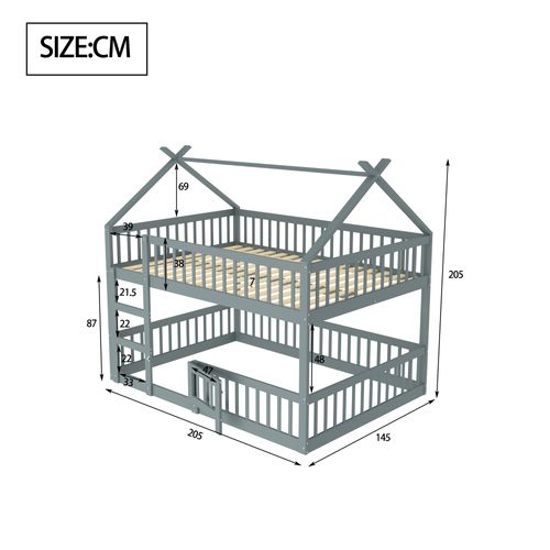 Lit Superposé Cabane 140x200cm En Bois Avec Barrières Et Petite Porte, Gris