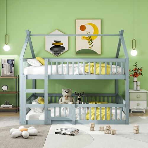 Lit Superposé Cabane 140x200cm En Bois Avec Barrières Et Petite Porte, Gris