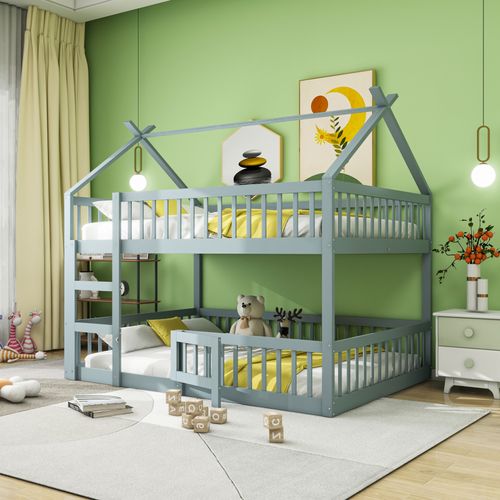 Lit Superposé Cabane 140x200cm En Bois Avec Barrières Et Petite Porte, Gris