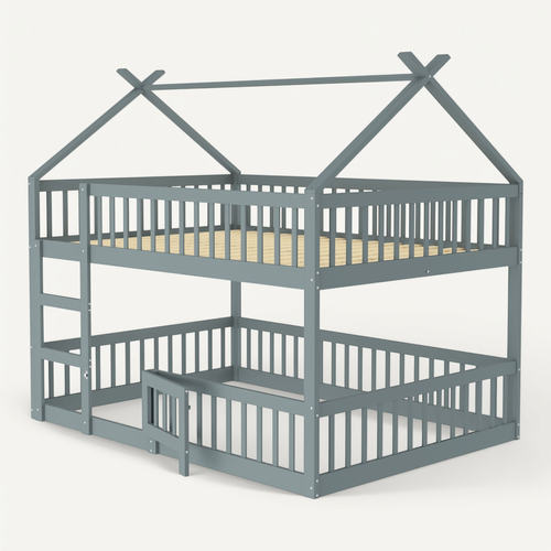 Lit Superposé Cabane 140x200cm En Bois Avec Barrières Et Petite Porte, Gris