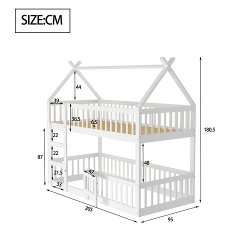 Lit Superposé Cabane 90x200cm En Bois Avec Barrières Et Petite Porte, Blanc