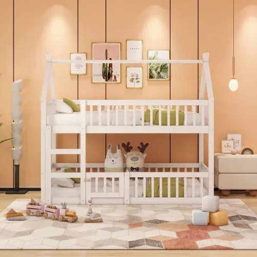 Lit Superposé Cabane 90x200cm En Bois Avec Barrières Et Petite Porte, Blanc