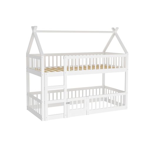 Lit Superposé Cabane 90x200cm En Bois Avec Barrières Et Petite Porte, Blanc
