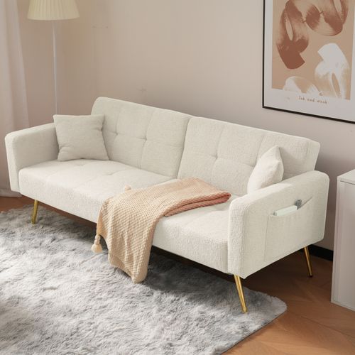 Canapé Convertible 2 Places 175x64x72cm, Angle Réglable, 2 Coussins, Sherpa, Blanc
