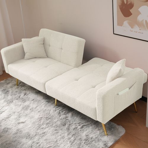 Canapé Convertible 2 Places 175x64x72cm, Angle Réglable, 2 Coussins, Sherpa, Blanc