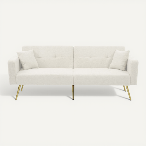 Canapé Convertible 2 Places 175x64x72cm, Angle Réglable, 2 Coussins, Sherpa, Blanc