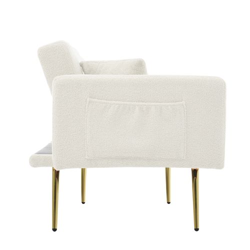 Canapé Convertible 2 Places 175x64x72cm, Angle Réglable, 2 Coussins, Sherpa, Blanc