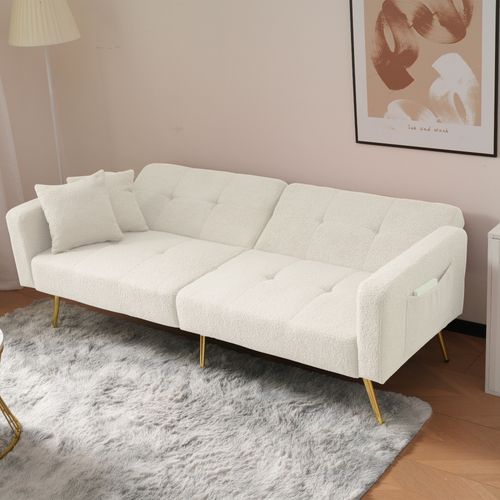 Canapé Convertible 2 Places 175x64x72cm, Angle Réglable, 2 Coussins, Sherpa, Blanc