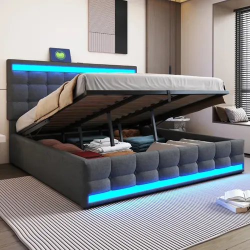 Lit Coffre Adulte 180x200cm En Tissu Lin Avec Sommier À Lattes, USB+led, Gris