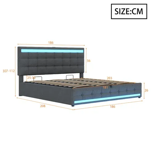 Lit Coffre Adulte 180x200cm En Tissu Lin Avec Sommier À Lattes, USB+led, Gris