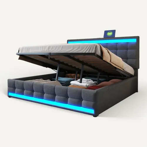 Lit Coffre Adulte 180x200cm En Tissu Lin Avec Sommier À Lattes, USB+led, Gris