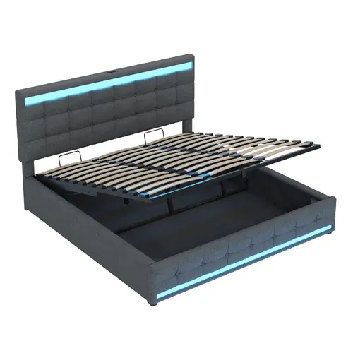 Lit Coffre Adulte 180x200cm En Tissu Lin Avec Sommier À Lattes, USB+led, Gris