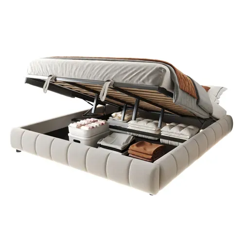 Lit Coffre Adulte 180x200cm En Velours Beige Avec LED, Lit Avec Rangement