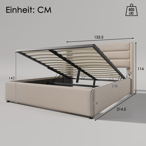 Lit Coffre Adulte 140x200cm Avec Sommier Et Tête De Lit Avec Oreilles, En Lin Beige