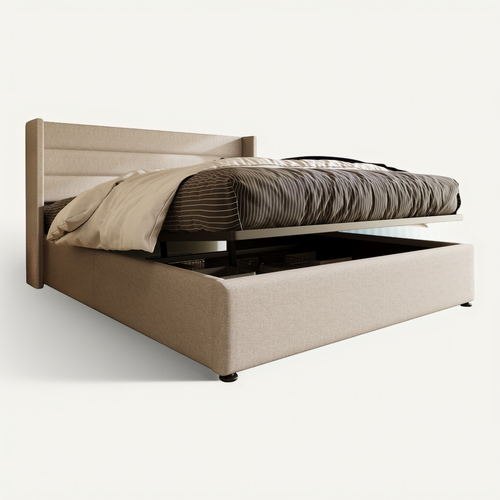 Lit Coffre Adulte 140x200cm Avec Sommier Et Tête De Lit Avec Oreilles, En Lin Beige