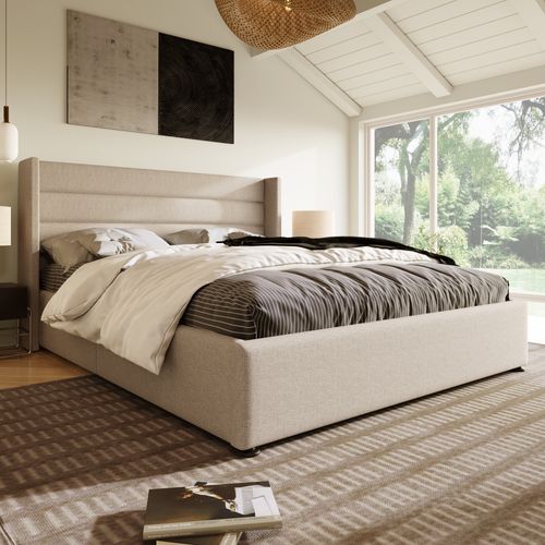 Lit Coffre Adulte 160x200cm Avec Sommier Et Tête De Lit Avec Oreilles, En Lin Beige