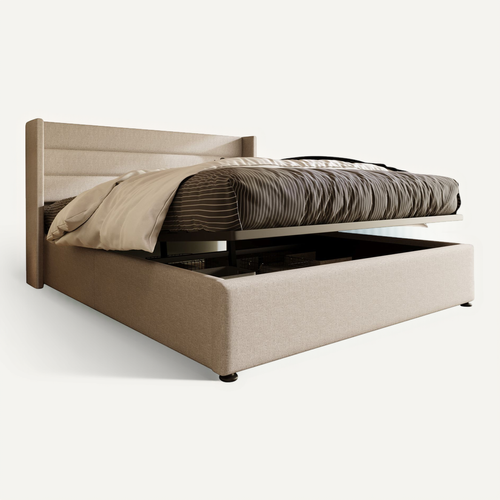Lit Coffre Adulte 160x200cm Avec Sommier Et Tête De Lit Avec Oreilles, En Lin Beige