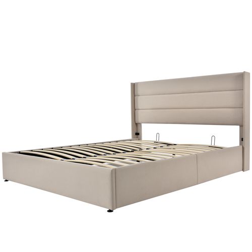 Lit Coffre Adulte 160x200cm Avec Sommier Et Tête De Lit Avec Oreilles, En Lin Beige