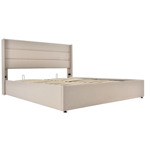 Lit Coffre Adulte 160x200cm Avec Sommier Et Tête De Lit Avec Oreilles, En Lin Beige