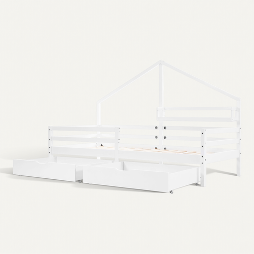 Lit Cabane Simple 90x200cm En Pin Blanc Avec 2 Tiroirs Et Étagère, Style Scandinave